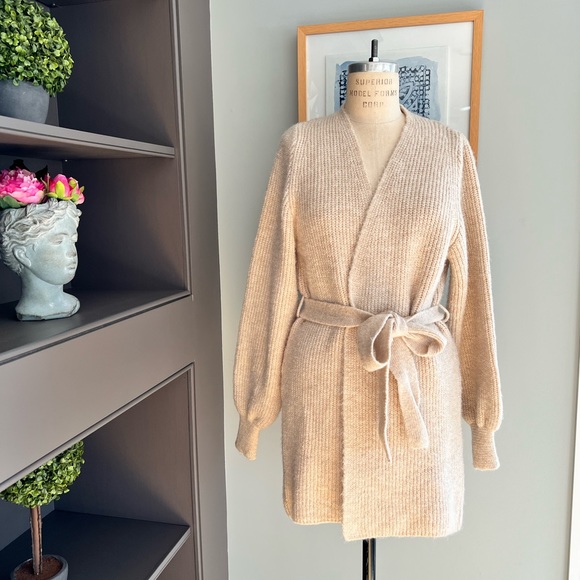 TOPSHOP Cardigan SWEATER KNIT Stone Belted BLOUSON SLEEVE Chunky Size S (4 - 6) - Picture 2 of 12
